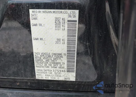 2016 Nissan Altima 2.5/2.5 S/2.5 Sl/2.5 Sr/2.5 Sv из США, поврежденный, VIN 1N4AL3AP9GN375946